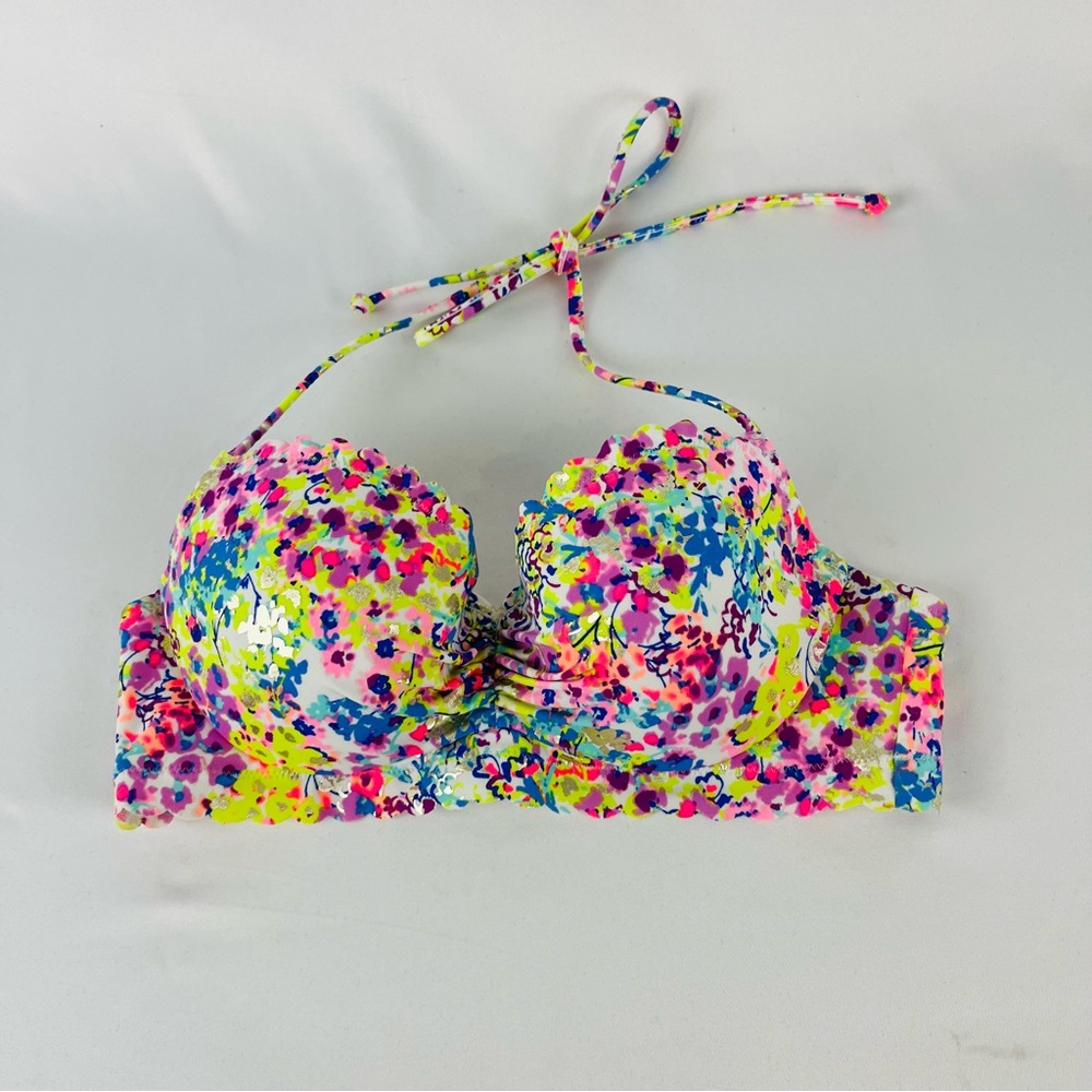 Victoria's Secret Fabulous Padded Ruffle Trim Scalloped Colorful Bikini Top 34B